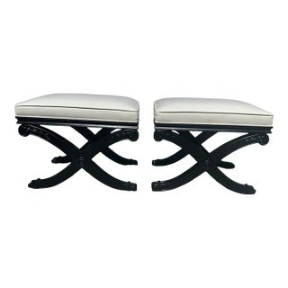 1990s Vintage Ethan Allen X Bench Ottomans Set of 2 Black and White Palm Beach Style For Sale
