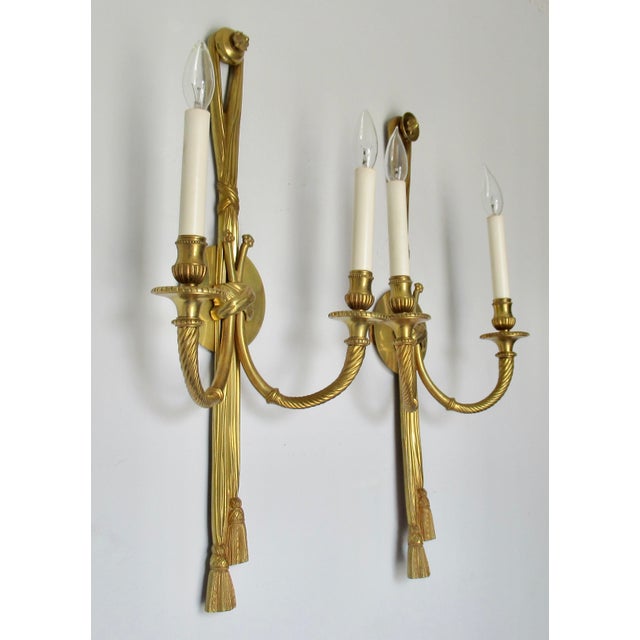 Vintage French 19th. Century Louis XVI Style Bronze Twin-Arm, Rope & Tassel Ormolu Wall Lighted Sconces -Pair For Sale - Image 12 of 17
