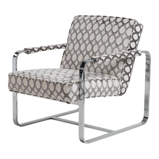 Flat Bar Mid-Century Milo Baughman Style Chrome Lounge Arm Chair Freshly Reupholstered For Sale