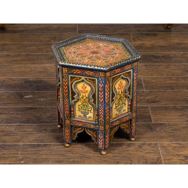 Islamic Moroccan Moorish Style 1920s Table with Hexagonal Top and Polychrome Décor For Sale - Image 3 of 10