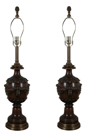 Set of 2 Vintage Theodore Alexander Neoclassical Acanthus Mahogany Finish Brass Table Lamps