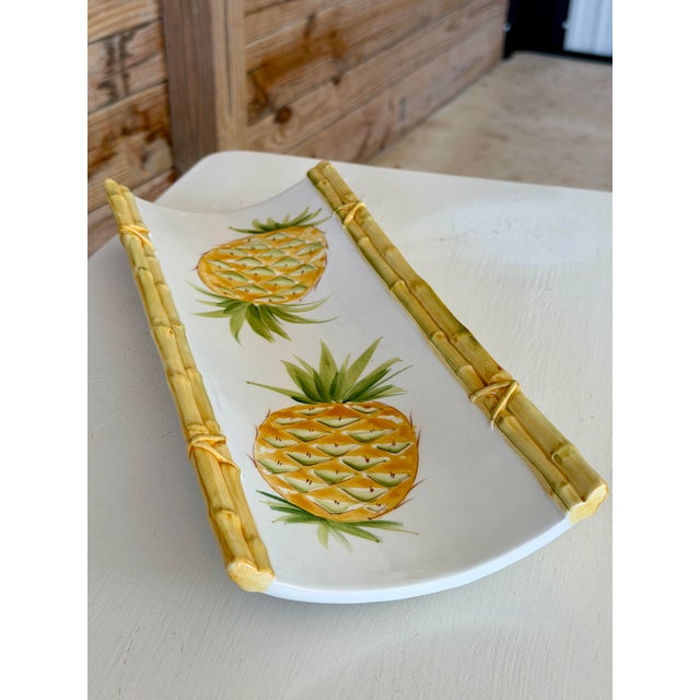 Vintage Italian San Marco Pineapple Ceramic Serving Tray With Faux Bamboo Trim For Sale - Image 4 of 12