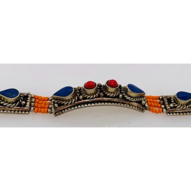 1950s Moroccan Tribal Silver Bracelet With Blue, Red, and Orange Stones For Sale - Image 4 of 7