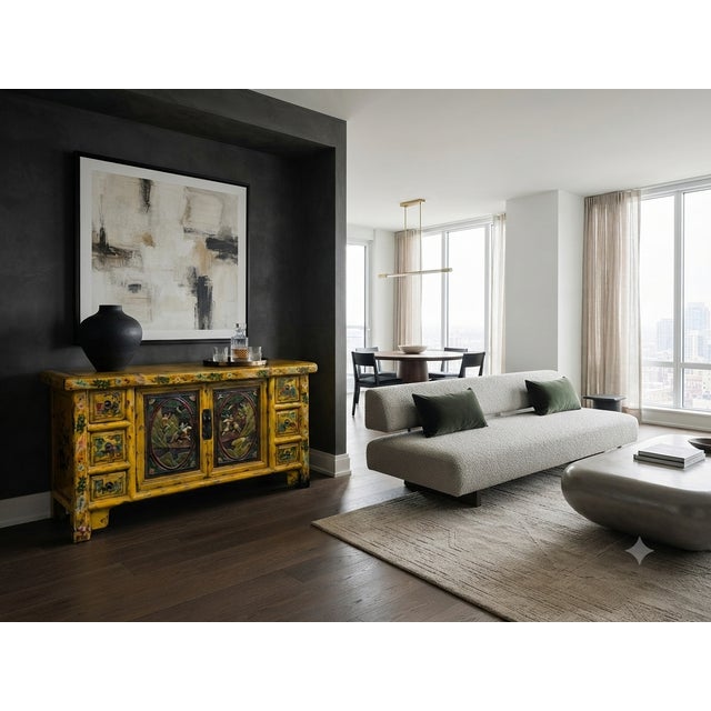 Wood Vintage Chinese Yellow Lacquered Wood Credenza Sideboard Carved Scenic Panels For Sale - Image 7 of 18