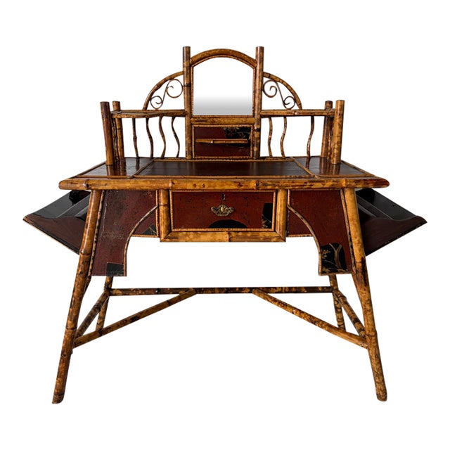 19th-Century English Aesthetic Movement Burnt Bamboo & Lacquer Writing Desk With Mirror For Sale