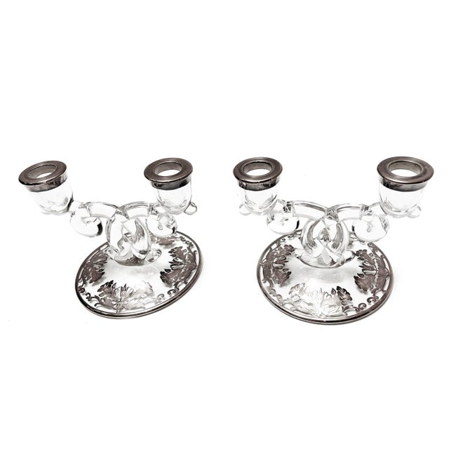 Mid Century Fostoria Baroque Cut Glass, Silver Plate Floral Overlay Double Arm Candlestick Holders - a Pair For Sale - Image 4 of 4