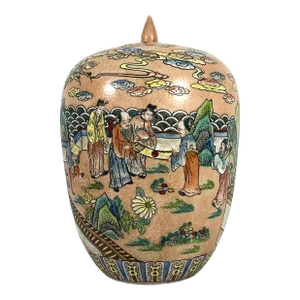 Antique Chinese Peach Pavillion Ginger Jar With Celebration Parade and Red Crowned Cranes