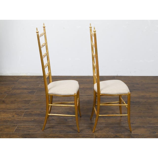 Gold Pair of Midcentury Italian Gilt Wood High Back Side Chairs with Upholstery For Sale - Image 8 of 12