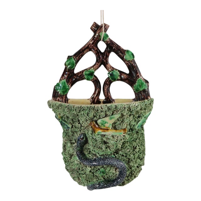 19th Century Portuguese Palissy Majolica Snake & Bird Wall Pocket For Sale