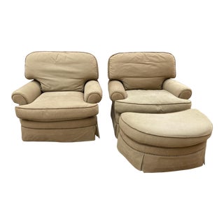 Upholstered Ralph Lauren Club Chairs and Matching Ottoman - a Pair For Sale