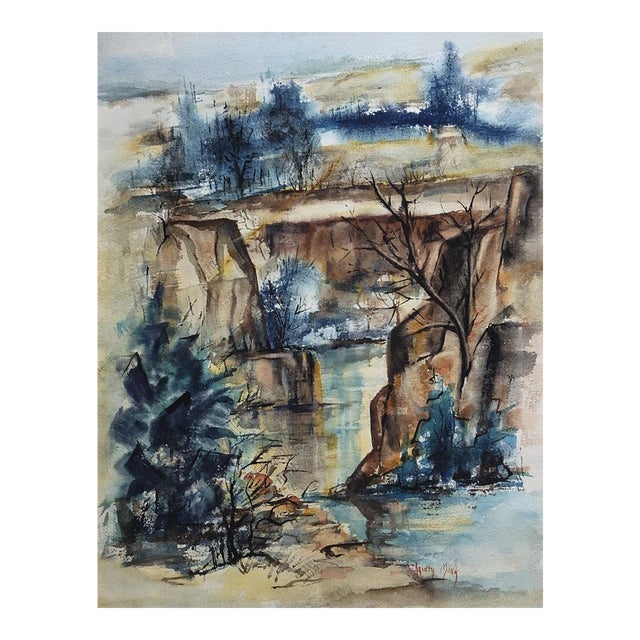 1957 Quartet Falls Idaho Modernist LandscapeWatercolor Painting For Sale