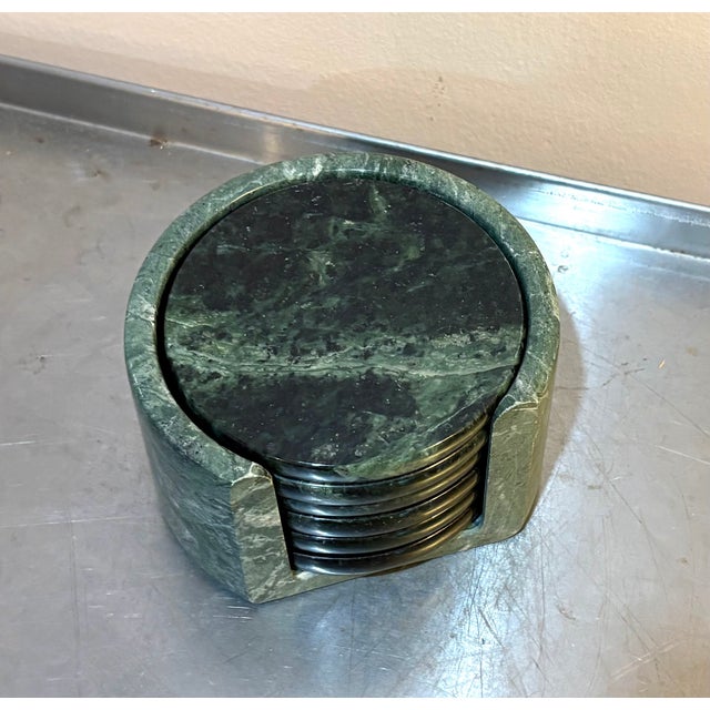 Postmodern 1970s Green Marble Postmodern Coasters in stand - Set of 6 For Sale - Image 3 of 4