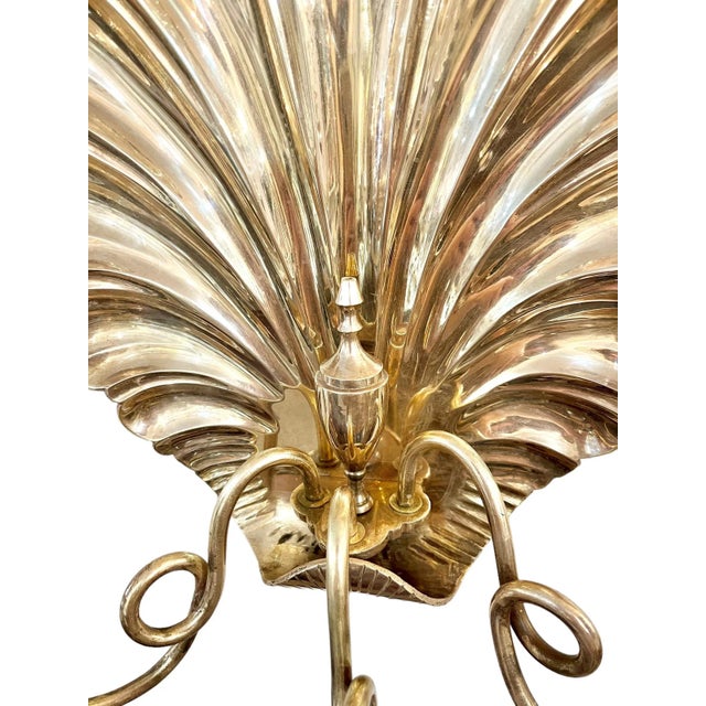 Pair Vintage Hollywood Regency Large Size Grotto Style Brass Shell Three Light Wall Sconces For Sale - Image 6 of 11
