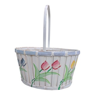 Vintage Hand Painted Tulip Easter Basket With Handle For Sale