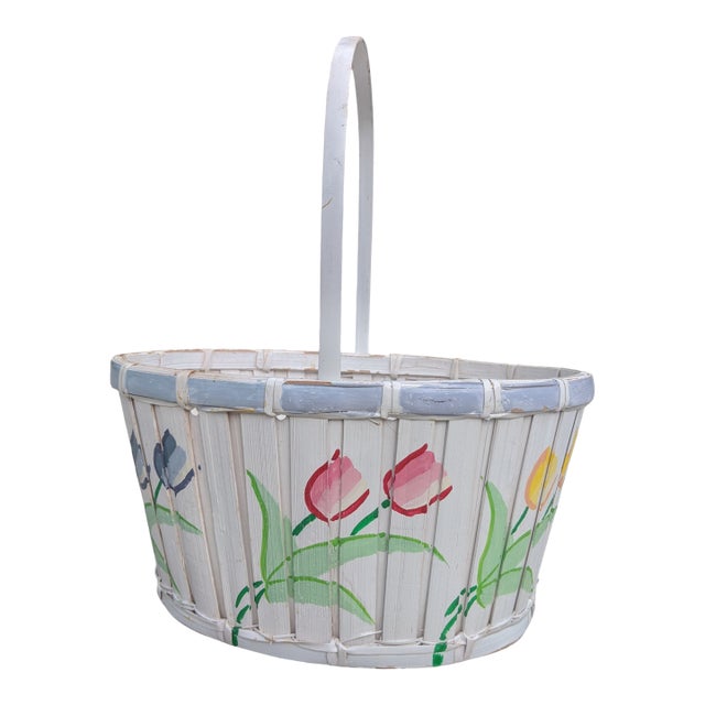Vintage Hand Painted Tulip Easter Basket With Handle For Sale