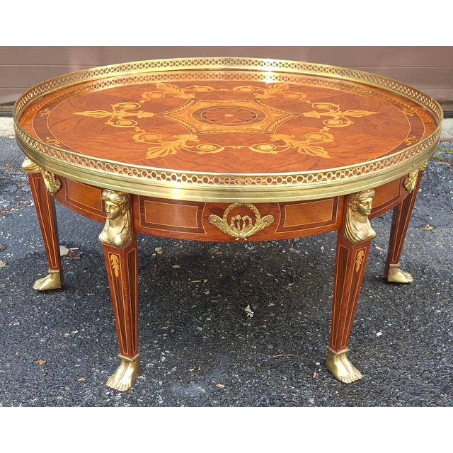 Mid 20th Century French Empire Style Mahogany Marquetry and Ormolu Mount Galleried Coffee Table For Sale In Washington DC - Image 6 of 11