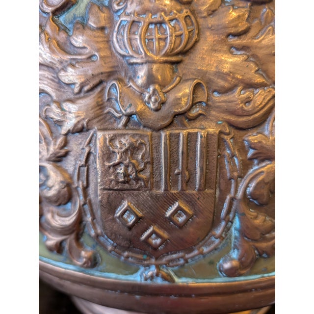 Antique French Copper and Brass Jardiniere With Crest and Lion Head Handles For Sale - Image 9 of 12