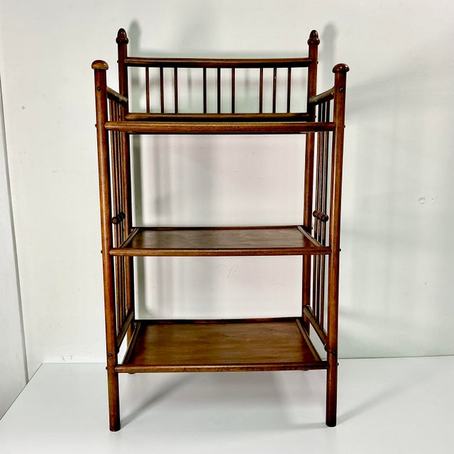 Mission Early 20th C Antique Arts & Crafts Mission British Colonial Thornet Style Stick & Ball Etagere - 3 Tier For Sale - Image 3 of 18