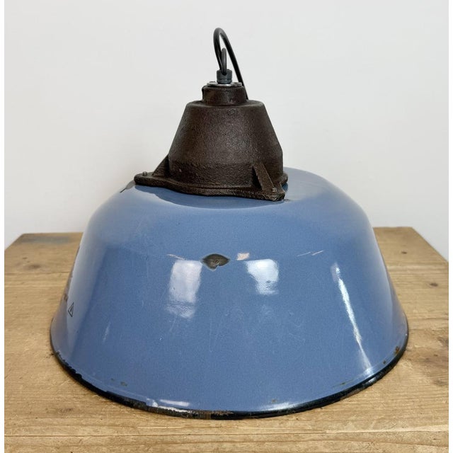 Industrial Blue Enamel and Cast Iron Pendant Lamp, 1960s For Sale - Image 15 of 18