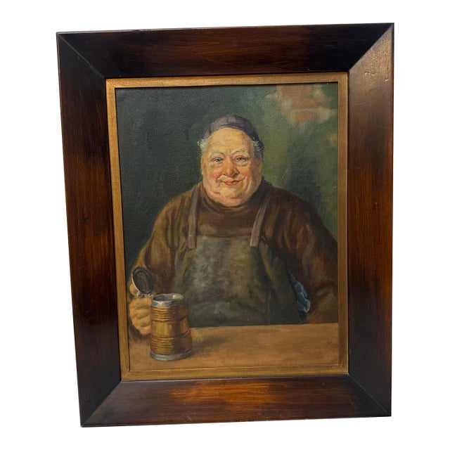 Vintage Original Realistic Monk With Stein Friar Religious Oil Painting on Board For Sale