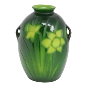 American Tiffany Studios Carved Glass Green Daffodil Cabinet Vase