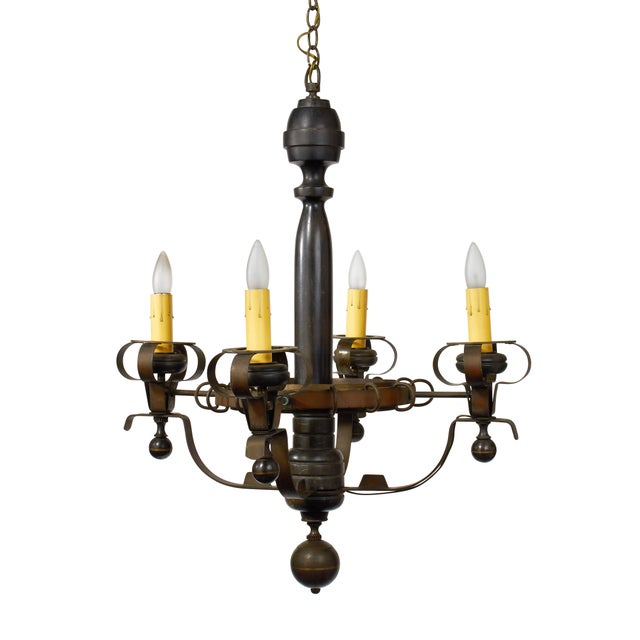 Arts and Crafts Wood and Brass Five Arm Chandelier | Chairish