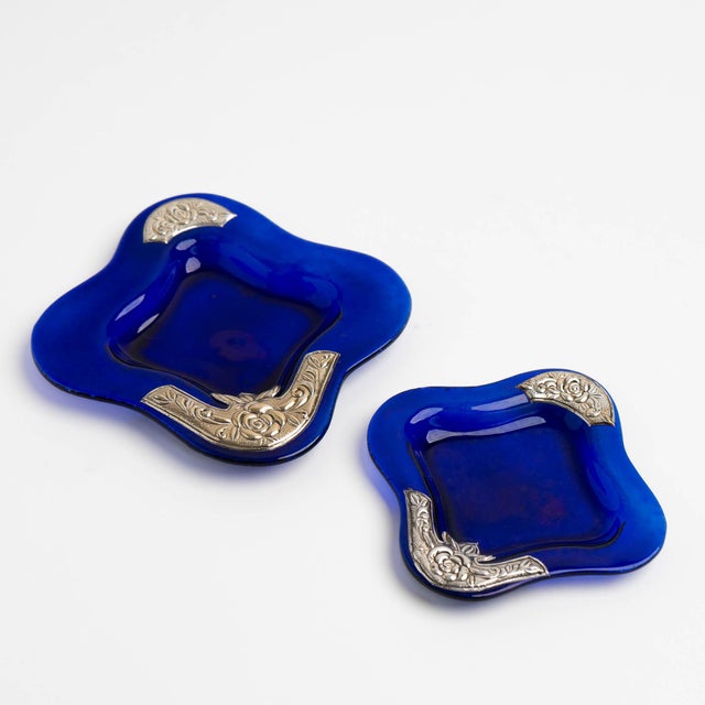 Vintage Cobalt Blue Glass Catchalls With Silver Overlay - Set of 2 For Sale - Image 4 of 12