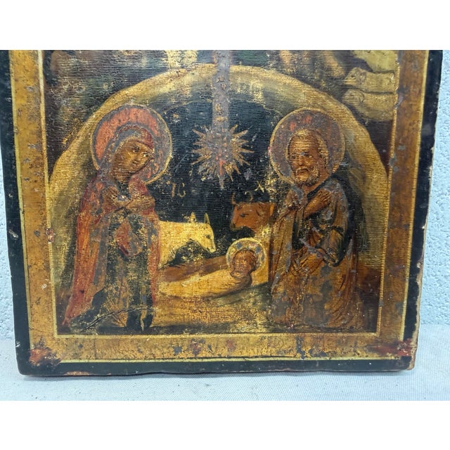 19th Century Antique Early 19th Century Russian Icon Nativity of Jesus Christ Oil Painting For Sale - Image 5 of 11