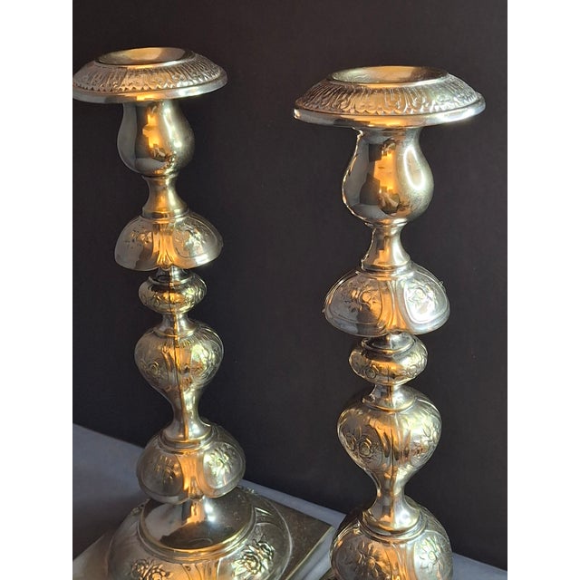 Antique Fraget Warsaw Shabbat Candlesticks Pair No. 4214 Polish Silver Plate 11" For Sale - Image 17 of 18