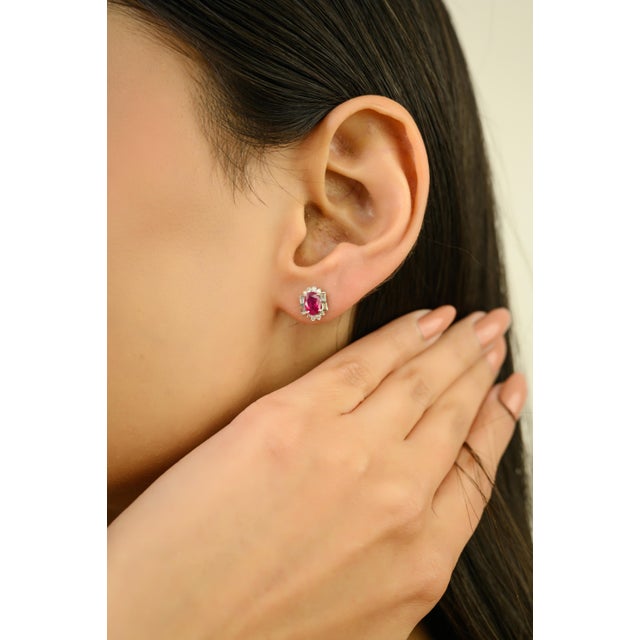 Mozambique Oval Ruby Diamond Halo Stud Earrings in 14k White Gold- 2 Pieces For Sale In New York - Image 6 of 11