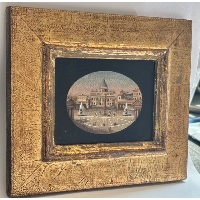 A Grand Tour micro mosaic of St Peters Square, The Vatican, in original carved gilt wood Florentine frame. Mosaic in...