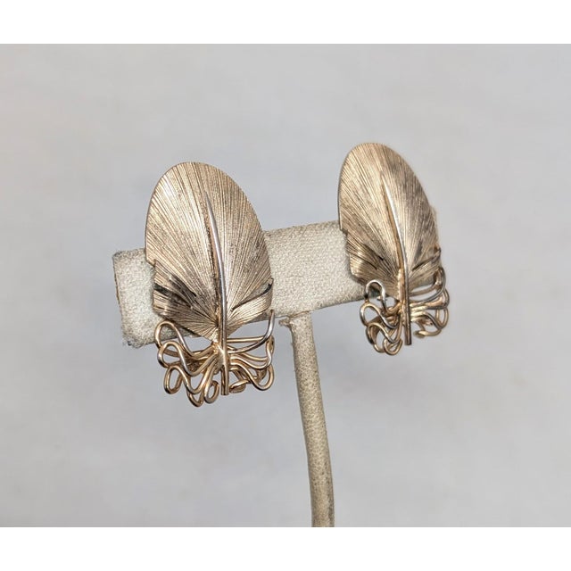 Napier Vintage Signed Napier Goldtone Over Sterling Feather Clip Earrings-2 Pieces For Sale - Image 4 of 7