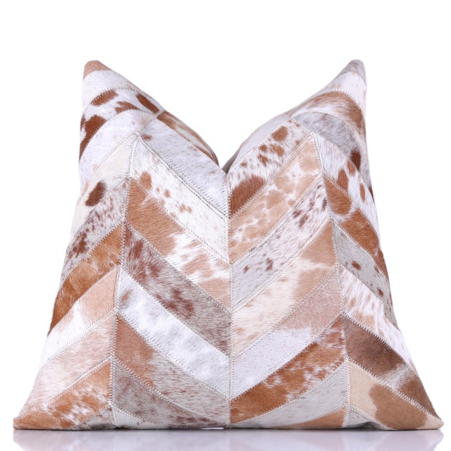 Farmhouse Luxury Chevron Genuine Hair-on Cowhide Pillow 18x18 | Handmade For Sale - Image 3 of 7