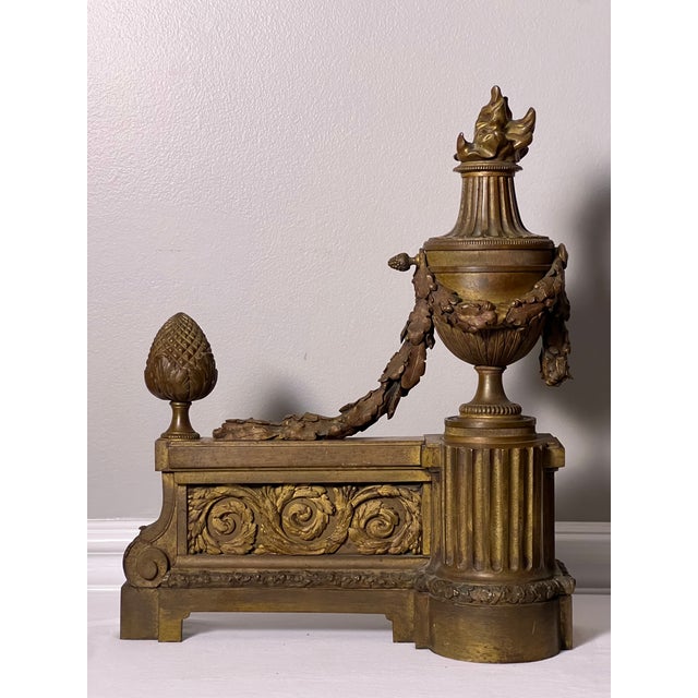 Early 19th Century Pair of French Gilt Bronze Chenets, Patinated, Louis XVI Style, 19th Century For Sale - Image 5 of 16