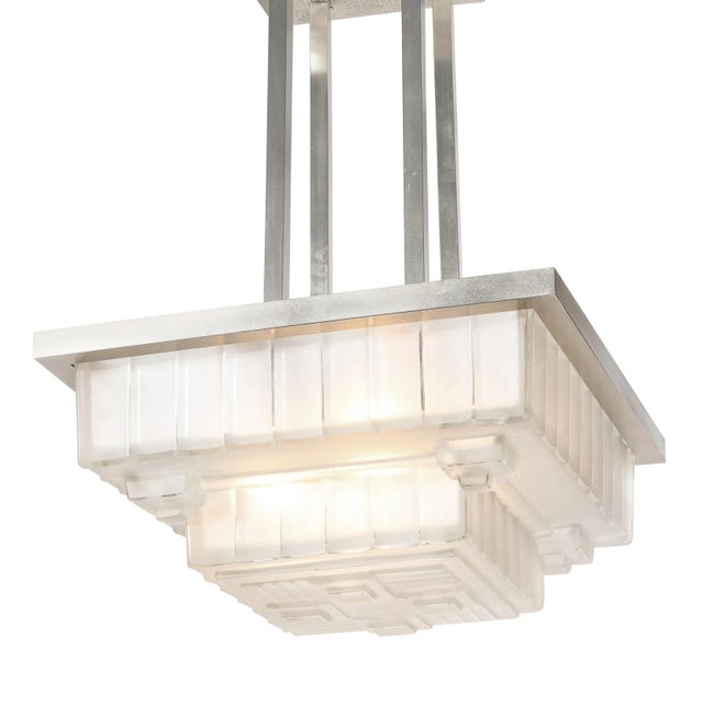 Art Deco 1930s Art Deco Chandelier in Skyscraper Frosted Glass & Silvered Bronze Signed Sabino For Sale - Image 3 of 13