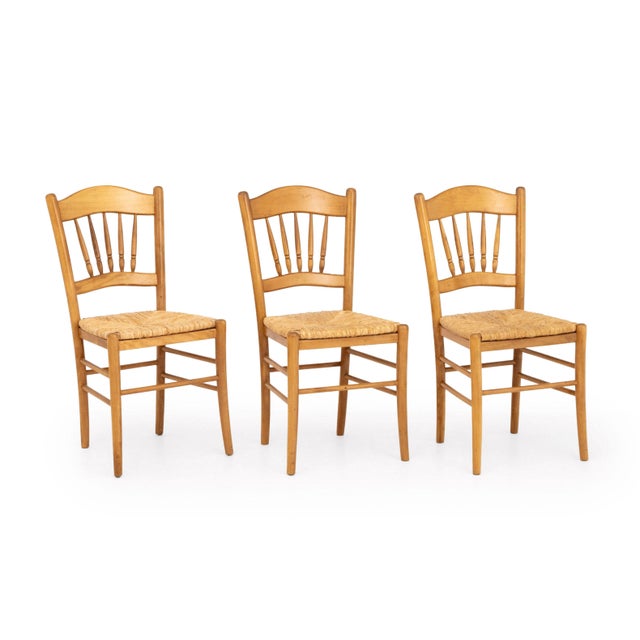 Set of Three French Provincial Style Beech Wood Woven Rush Seat Side Chairs. 35.25" H x 17.5" W x 15" D; seat: 18.5" H....
