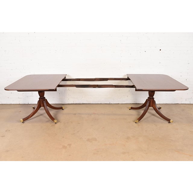 Baker Furniture Historic Charleston Georgian Banded Mahogany Double Pedestal Extension Dining Table, Newly Refinished For Sale In South Bend - Image 6 of 13