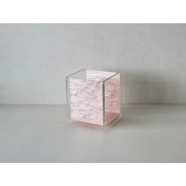 Vintage Mid-Century Acrylic Lucite Pink Mother of Pearl/Marble Effect Rectangular Wastebasket For Sale - Image 10 of 13