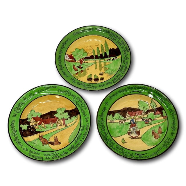 Set of 3 Antique Ye Olde English Staffordshire Pottery Rabbit Motto Plates - Wall Hanger Brackets Included For Sale In Boston - Image 6 of 18