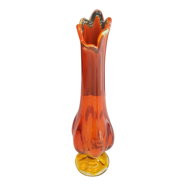 Mid Century Modern Viking Art Glass Swung Bud Vase Stretch Orange For Sale