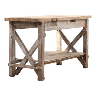 Antique Workshop Table with Crossed Stretchers, France, 1900 For Sale