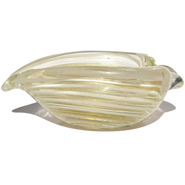 Barovier & Toso Vintage Murano Barovier Toso Gold Flecks White Swirl Italian Art Glass Heart Ashtray Dish Bowl For Sale - Image 4 of 11