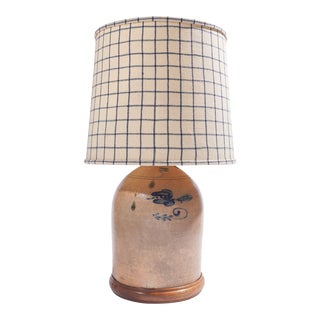American Stoneware Jug Lamp With Wood Base and Hand-Loomed Wool Lampshade, C. 1850 For Sale