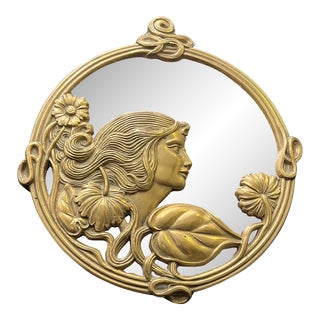 1960s Vintage Art Nouveau Round Brass Framed Maiden With Floral's Wall Mirror For Sale