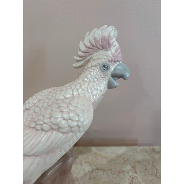 1980s large pink/white ceramic parrot statue/figurine. One small surface chip at back bottom of base as shown in detail...