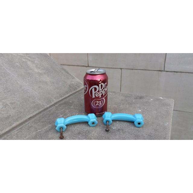 1920s Art Deco Pair (2x) Blue Opaline Glass Drawer Pulls (Handles) For Sale - Image 11 of 16