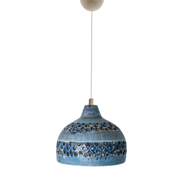 Bowl Blue Ceramic Pendant Light, Denmark, 1970 For Sale