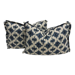 Bespoke Blue + Ivory Ikat Throw Pillows, Pair For Sale