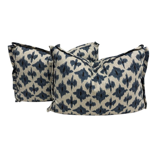 Bespoke Blue + Ivory Ikat Throw Pillows, Pair For Sale