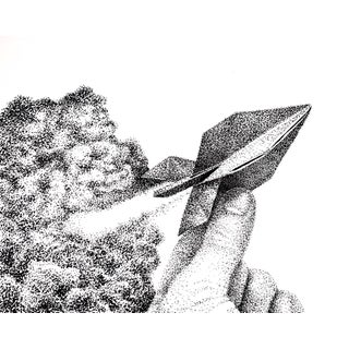 Rocket by J. Adam McGalliard | Pen and Ink on Paper Hand holding a paper rocket against a cloud background. For Sale
